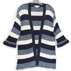 Misook Open Front Cardigan Sweater Sz L Blue White Striped Rib Knit Lightweight